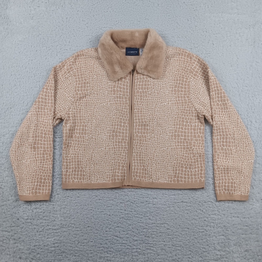 Liz Claiborne Lizsport Cardigan Sweater Women L Tan Faux Fur Collar Grid Zip